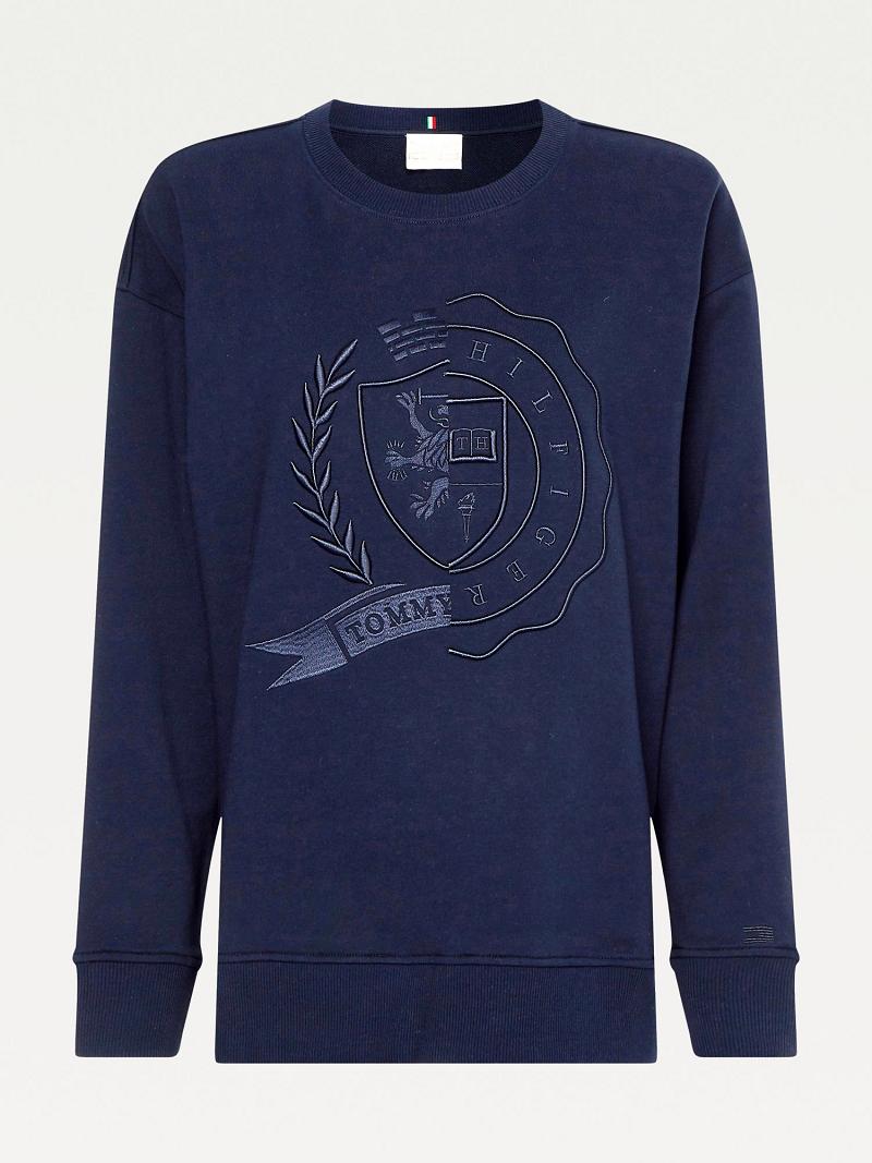 Női Tommy Hilfiger Icon Organic Pamut Crest Pulóverek Kék | HU 390DFM